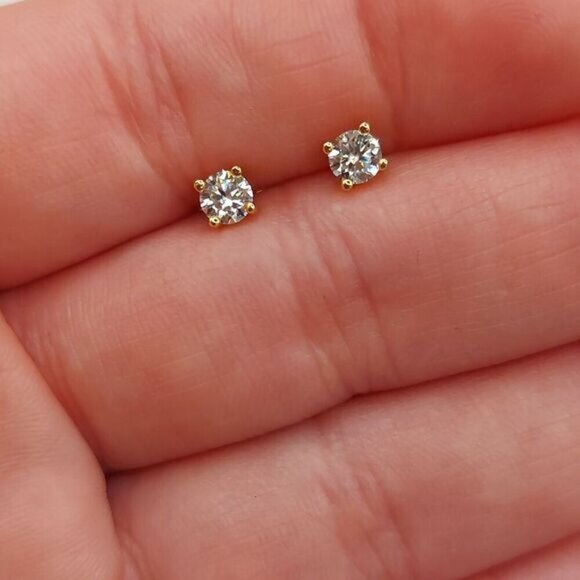 Gold 0.3 Carat Moissanite 925 Silver Sterling Stud Earrings - Picture 2 of 12